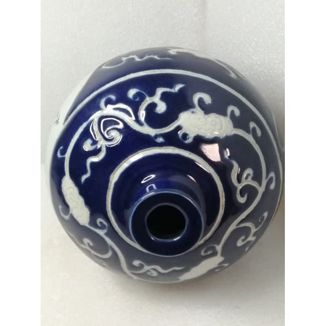 ○【古美術】元時代 宝石藍釉留白龍紋大梅瓶 本物極品美品